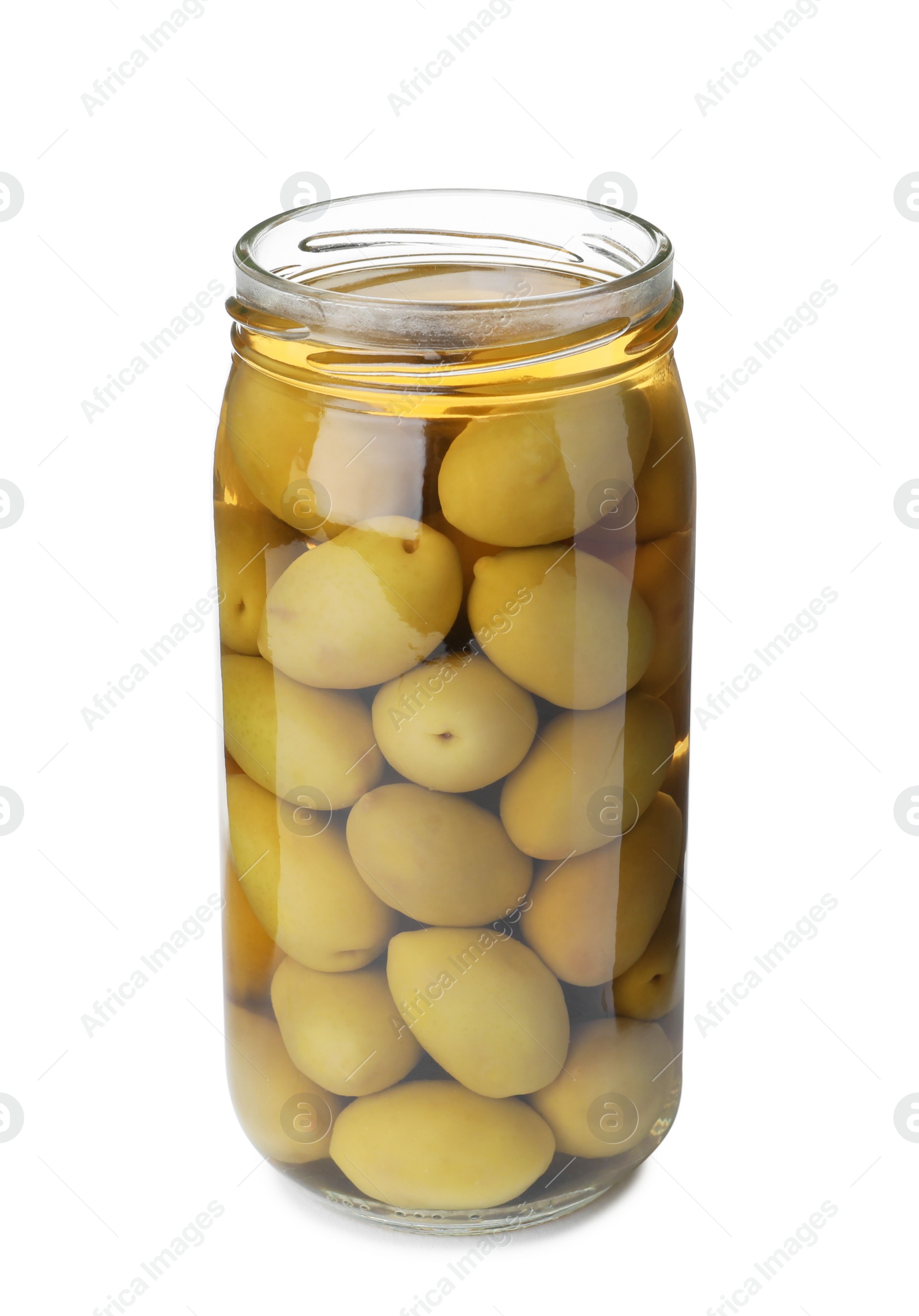 Photo of Jar with pickled olives on white background