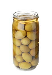 Photo of Jar with pickled olives on white background