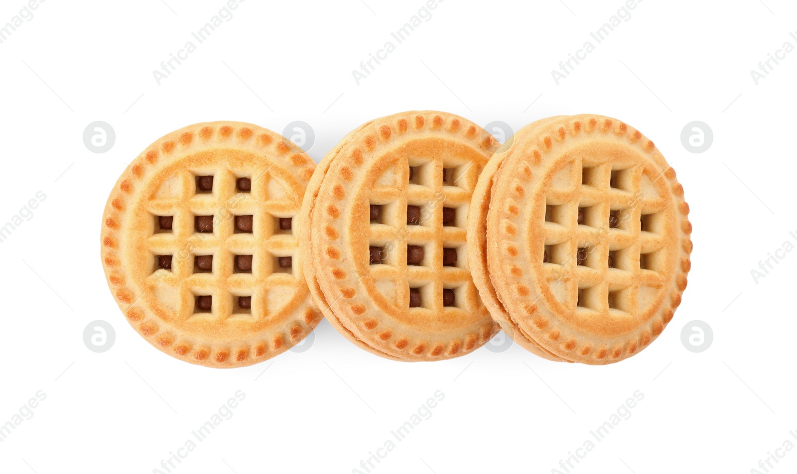 Photo of Tasty sandwich cookies with cream isolated on white, top view