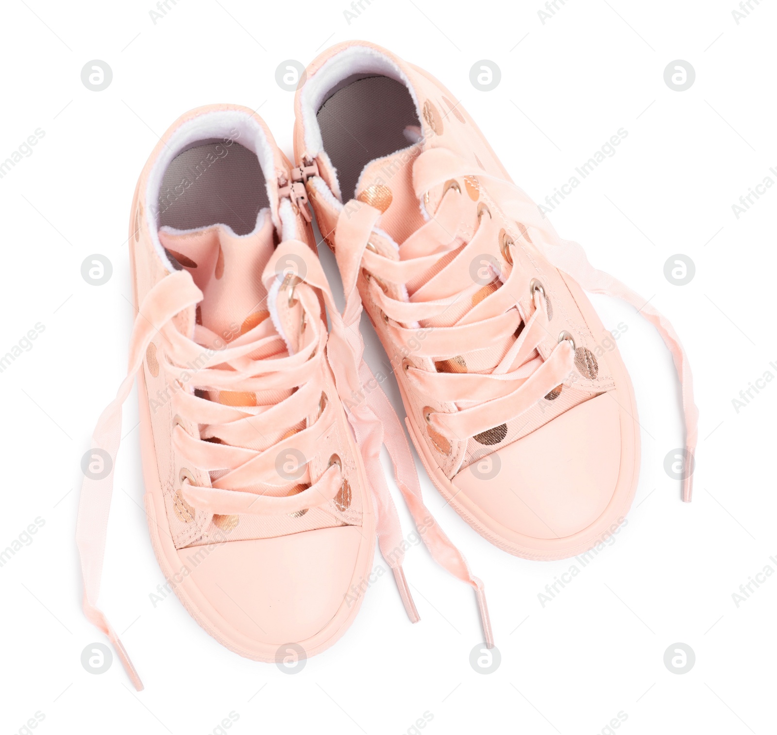 Photo of Pair of stylish child shoes on white background, top view