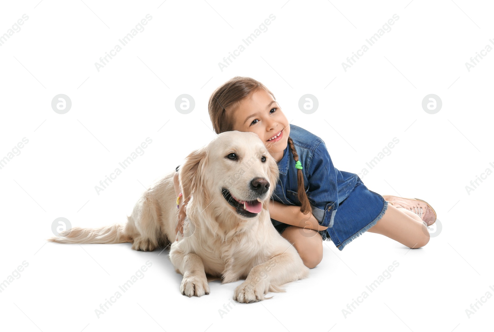 Photo of Cute little child with his pet on white background