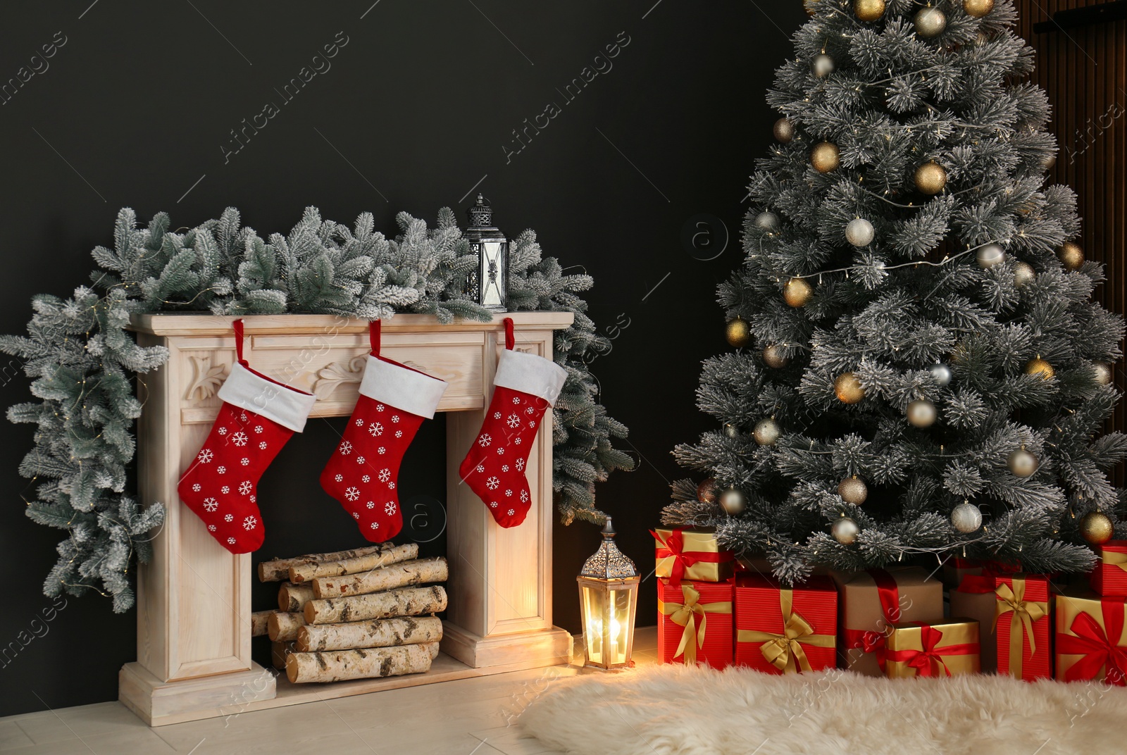 Photo of Stylish Christmas interior with decorated fir tree and fireplace