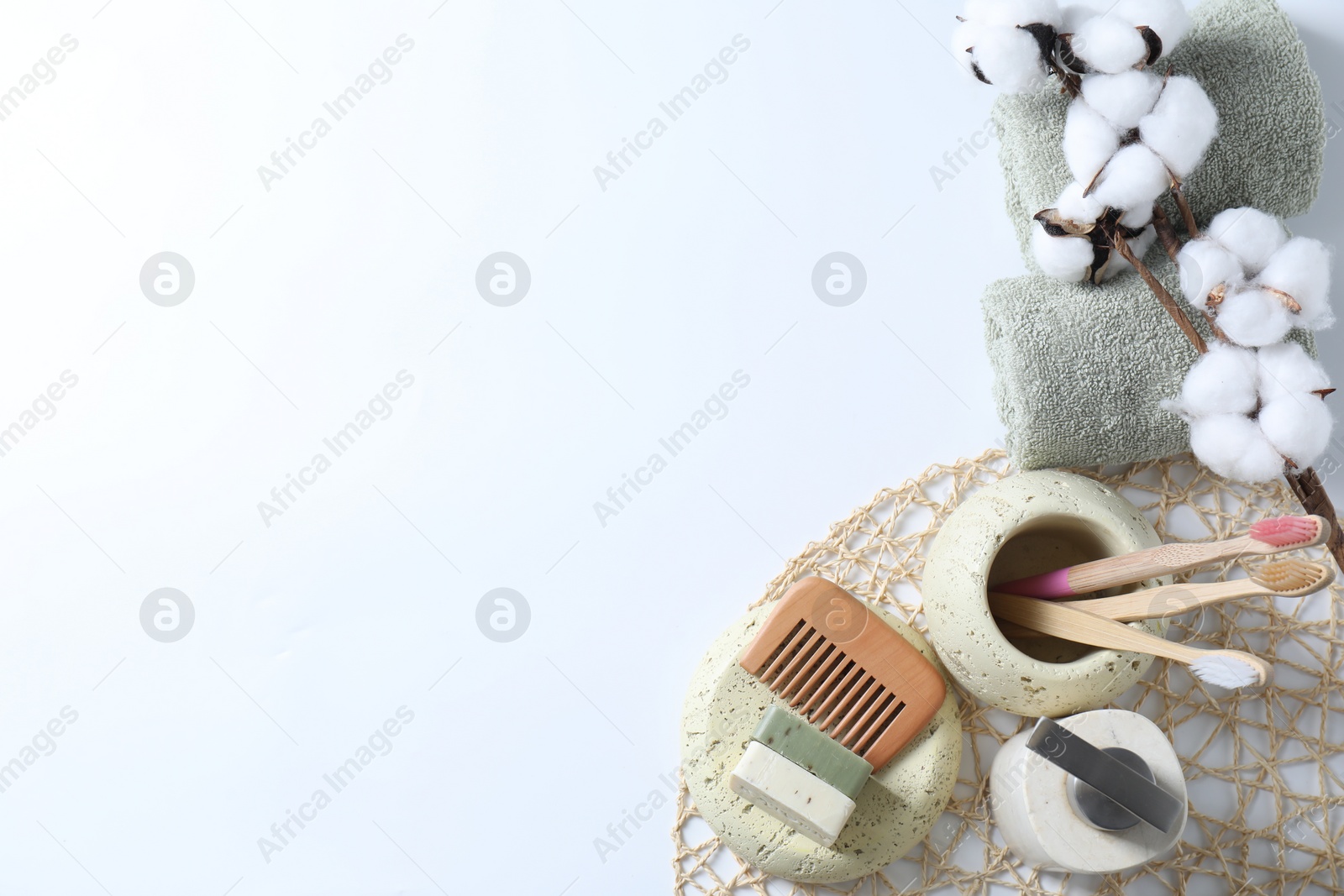 Photo of Bath accessories. Flat lay composition with personal care products on white background, space for text