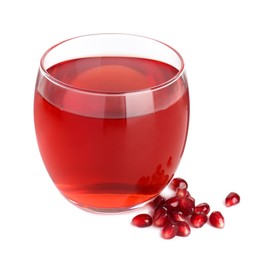 Photo of Refreshing pomegranate juice in glass and seeds isolated on white
