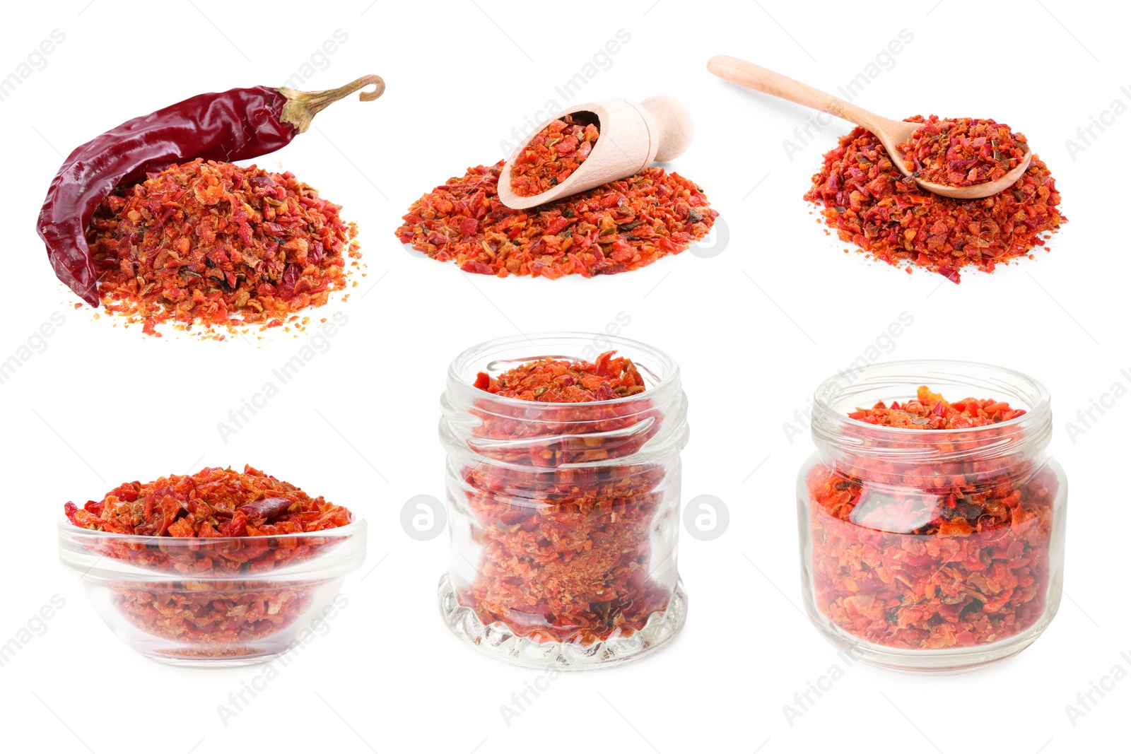 Image of Aromatic spices. Red chili pepper flakes and whole dried pepper on white background, set