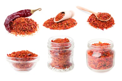 Image of Aromatic spices. Red chili pepper flakes and whole dried pepper on white background, set