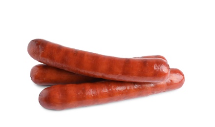 Photo of Delicious grilled sausages on white background. Barbecue food