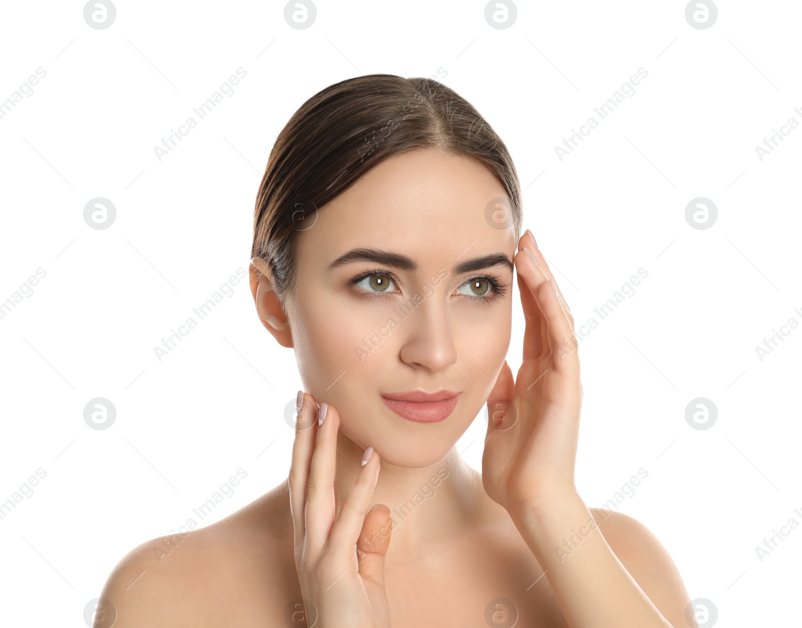 Photo of Portrait of young woman with beautiful face on white background