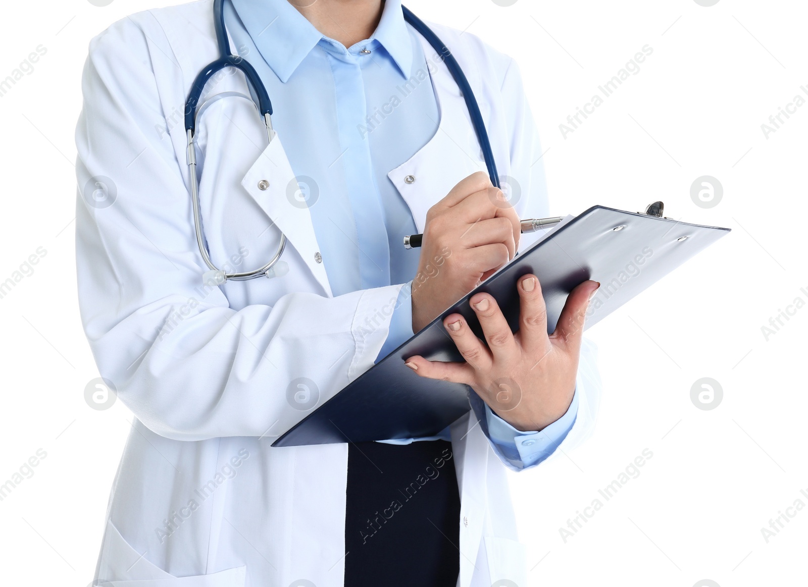 Photo of Doctor with clipboard in uniform on white background, closeup. Medical service