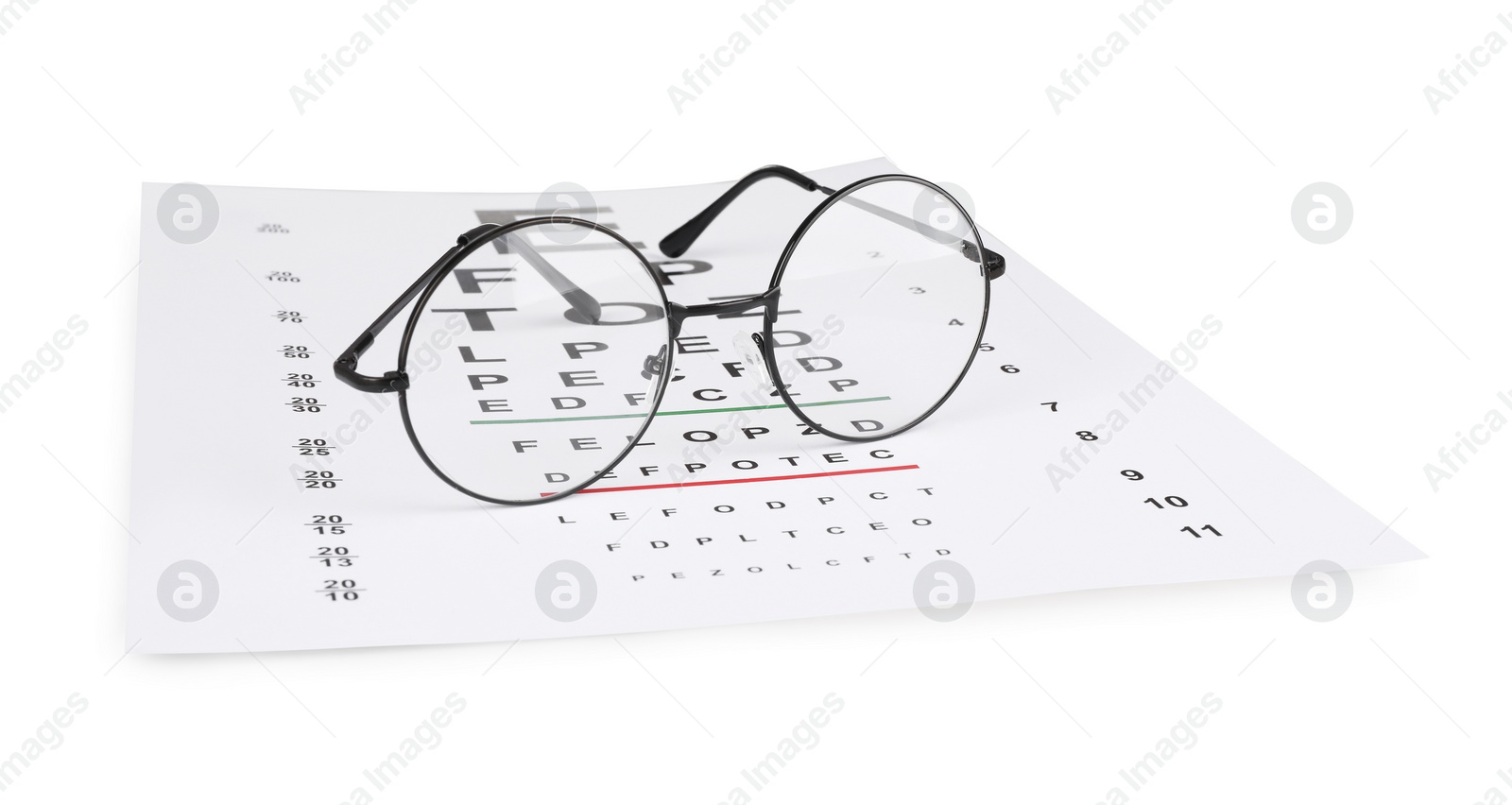 Photo of Glasses and vision test chart isolated on white