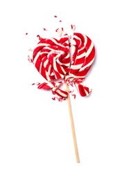 Broken heart shaped lollipop isolated on white, top view. Relationship problems concept