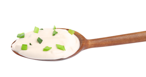 Photo of Fresh sour cream with onion isolated on white