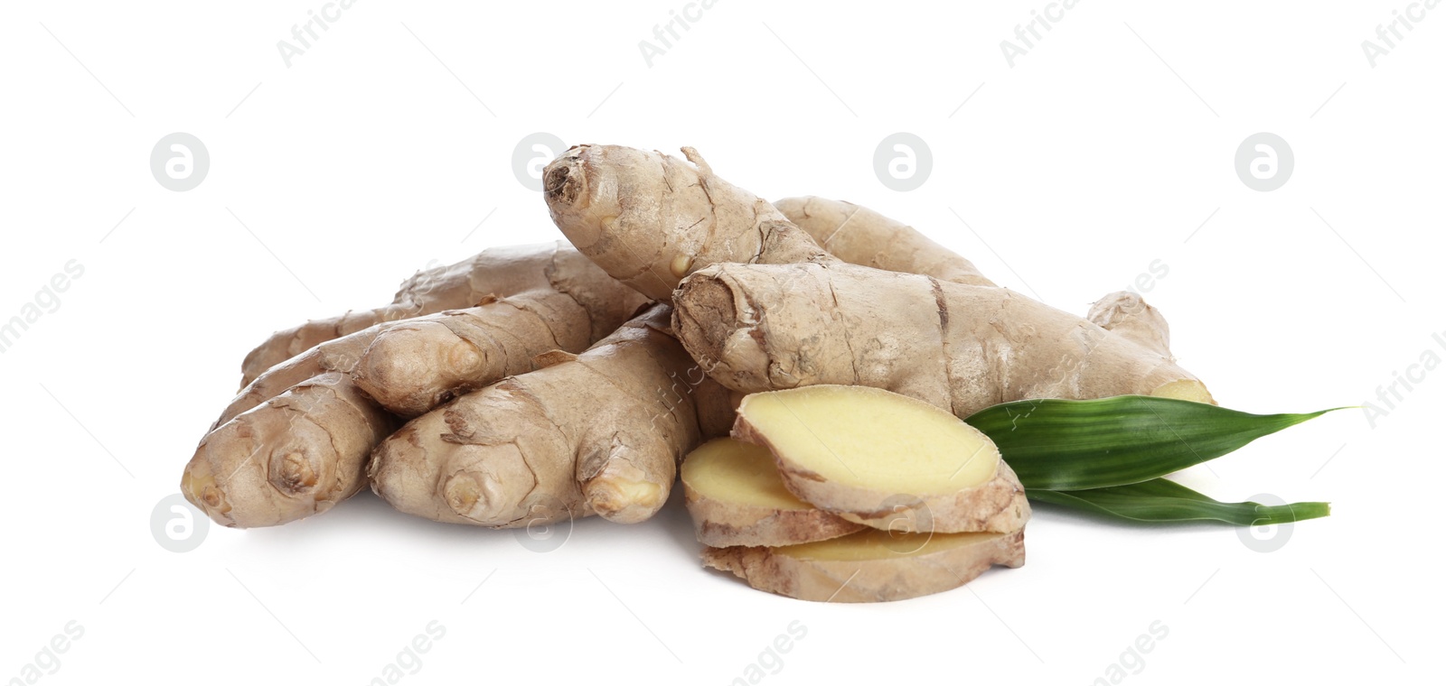 Photo of Whole and cut fresh ginger with leaves isolated on white