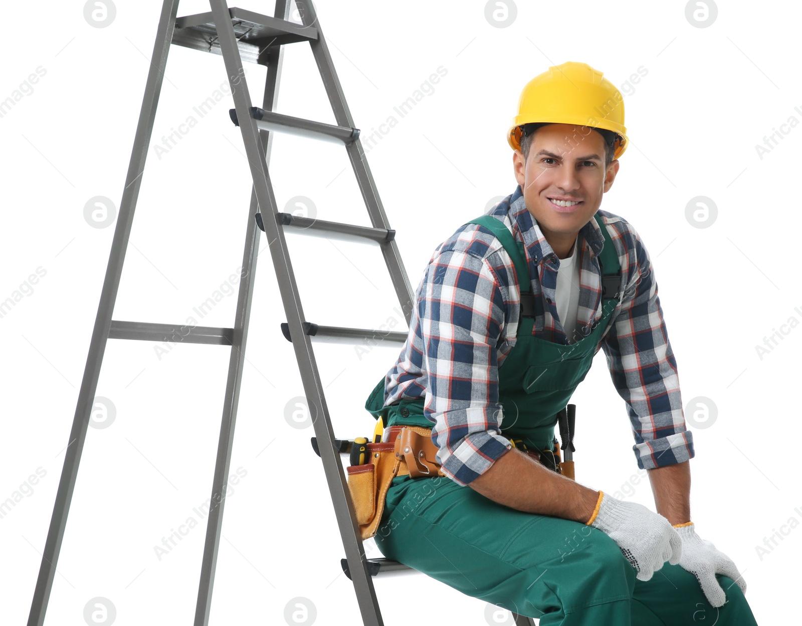 Photo of Professional builder sitting on metal ladder against white background