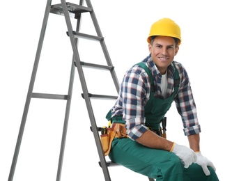 Photo of Professional builder sitting on metal ladder against white background