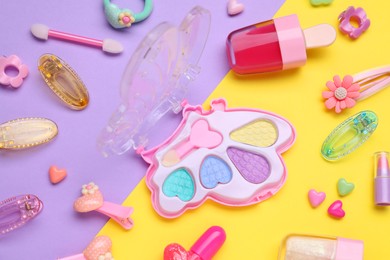Children's kit of makeup products and accessories on color background, flat lay