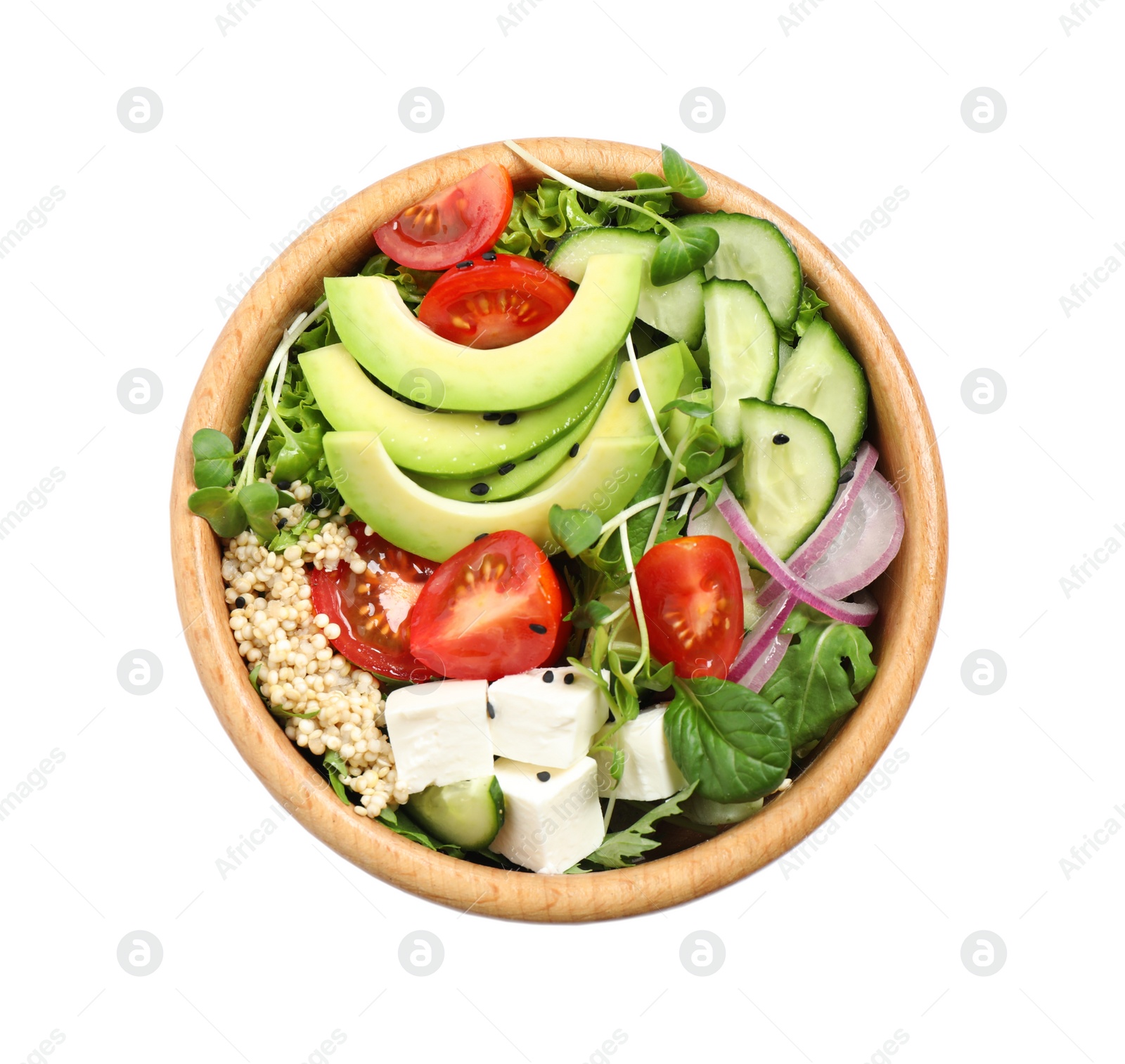 Image of Delicious salad with avocado and quinoa on white background, top view