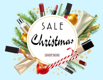 Christmas sale ad with makeup products and decor