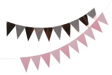 Buntings with colorful triangular paper flags on white background. Festive decor