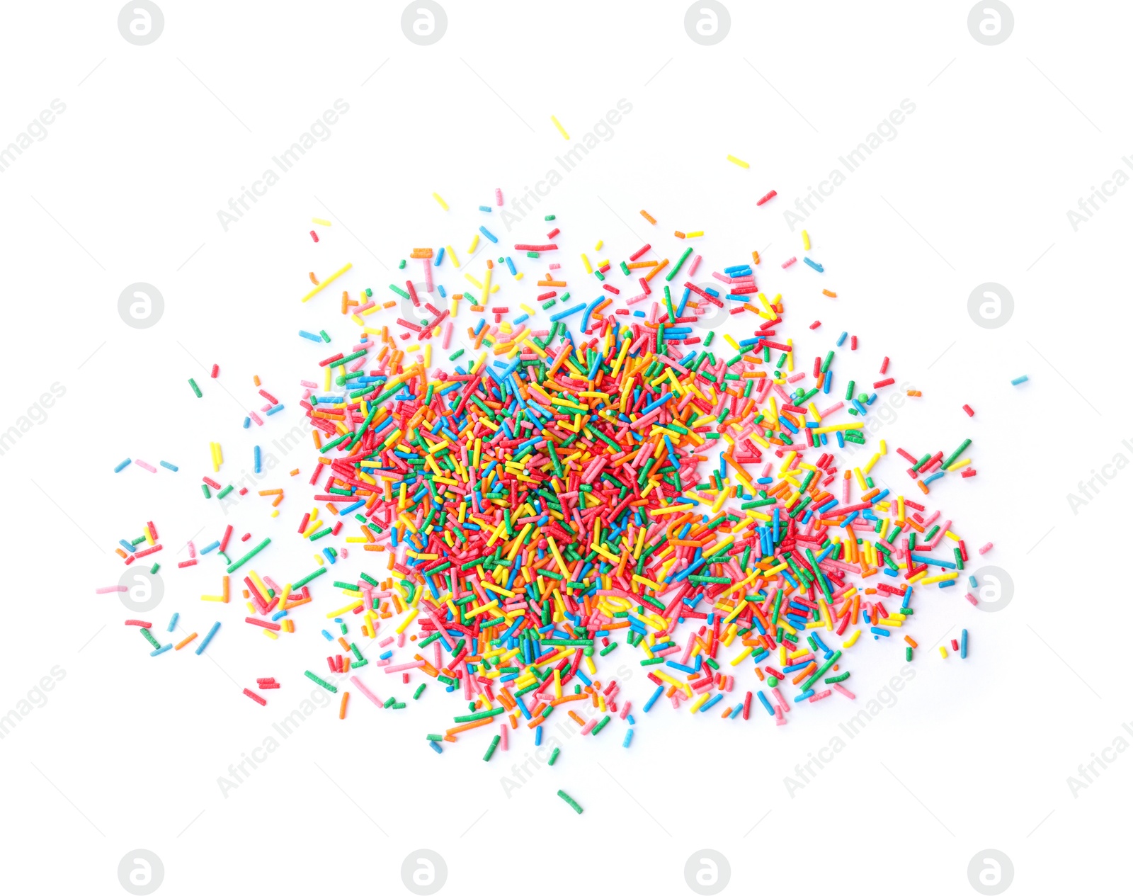 Photo of Colorful sprinkles on white background, top view. Confectionery decor