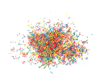 Photo of Colorful sprinkles on white background, top view. Confectionery decor