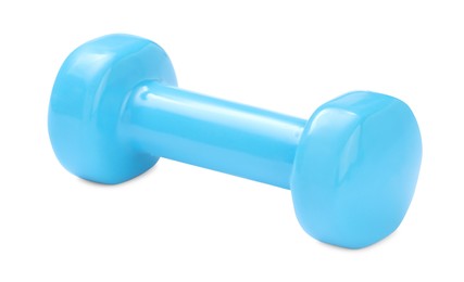 Light blue dumbbell isolated on white. Sports equipment