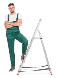 Photo of Worker in uniform near metal ladder on white background