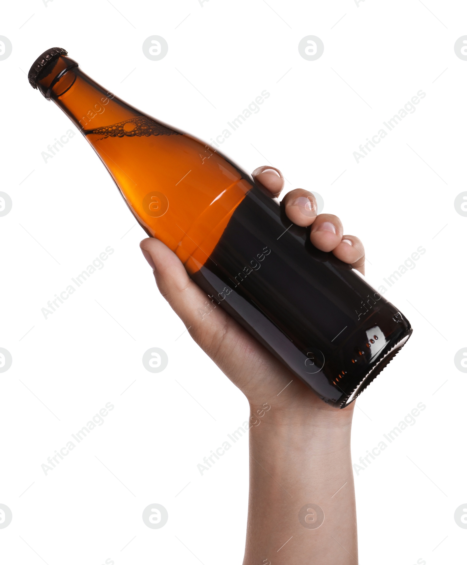 Photo of Man holding brown bottle with beer on white background, closeup