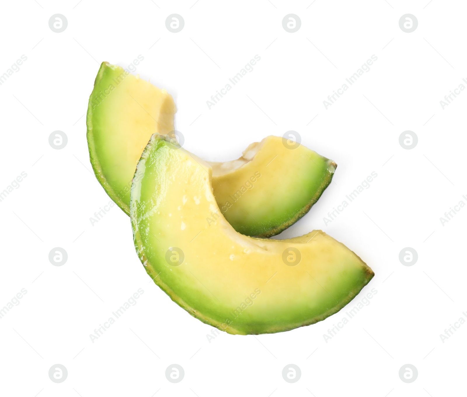 Photo of Slices of raw avocado isolated on white, top view