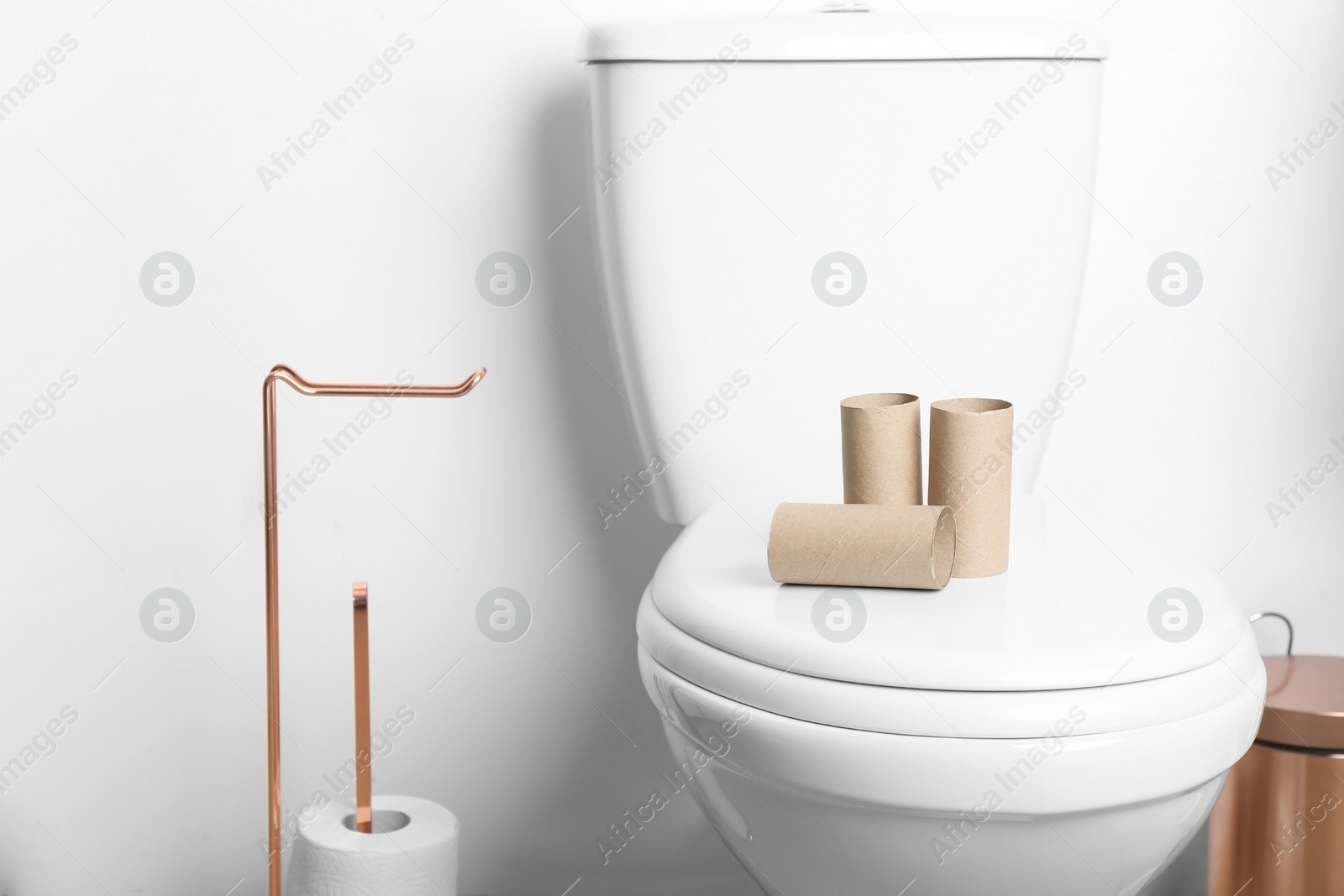 Photo of Empty paper rolls on toilet seat in bathroom