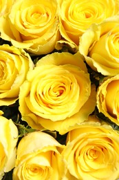 Photo of Beautiful bouquet of yellow roses as background, closeup