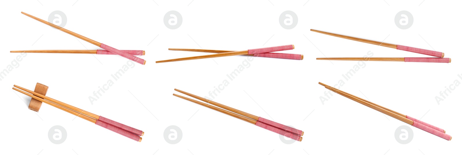 Image of Collage with wooden chopsticks isolated on white