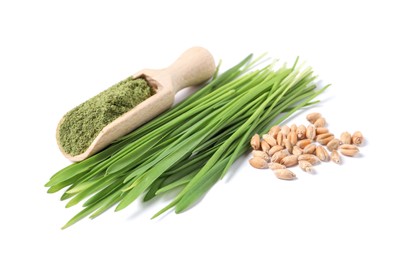 Wheat grass powder in scoop, seeds and fresh sprouts isolated on white