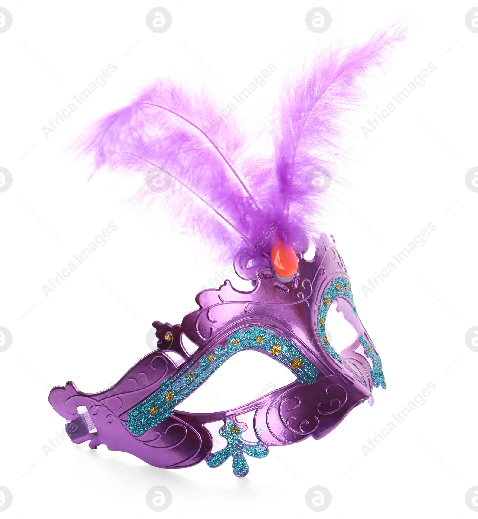 Photo of Beautiful purple carnival mask with feathers isolated on white