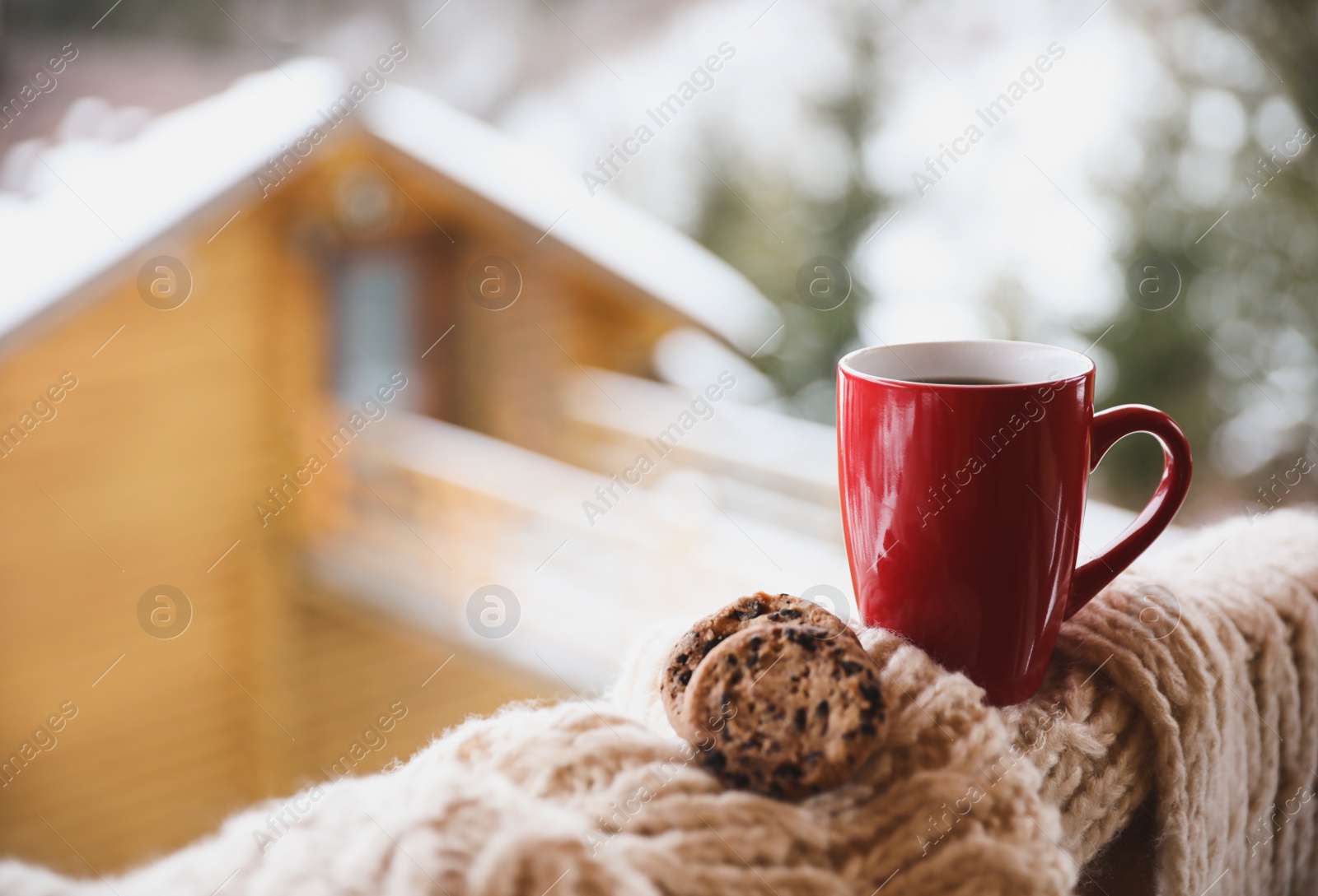 Photo of Fresh coffee, tasty cookies and knitted fabric outdoors on winter morning. Space for text