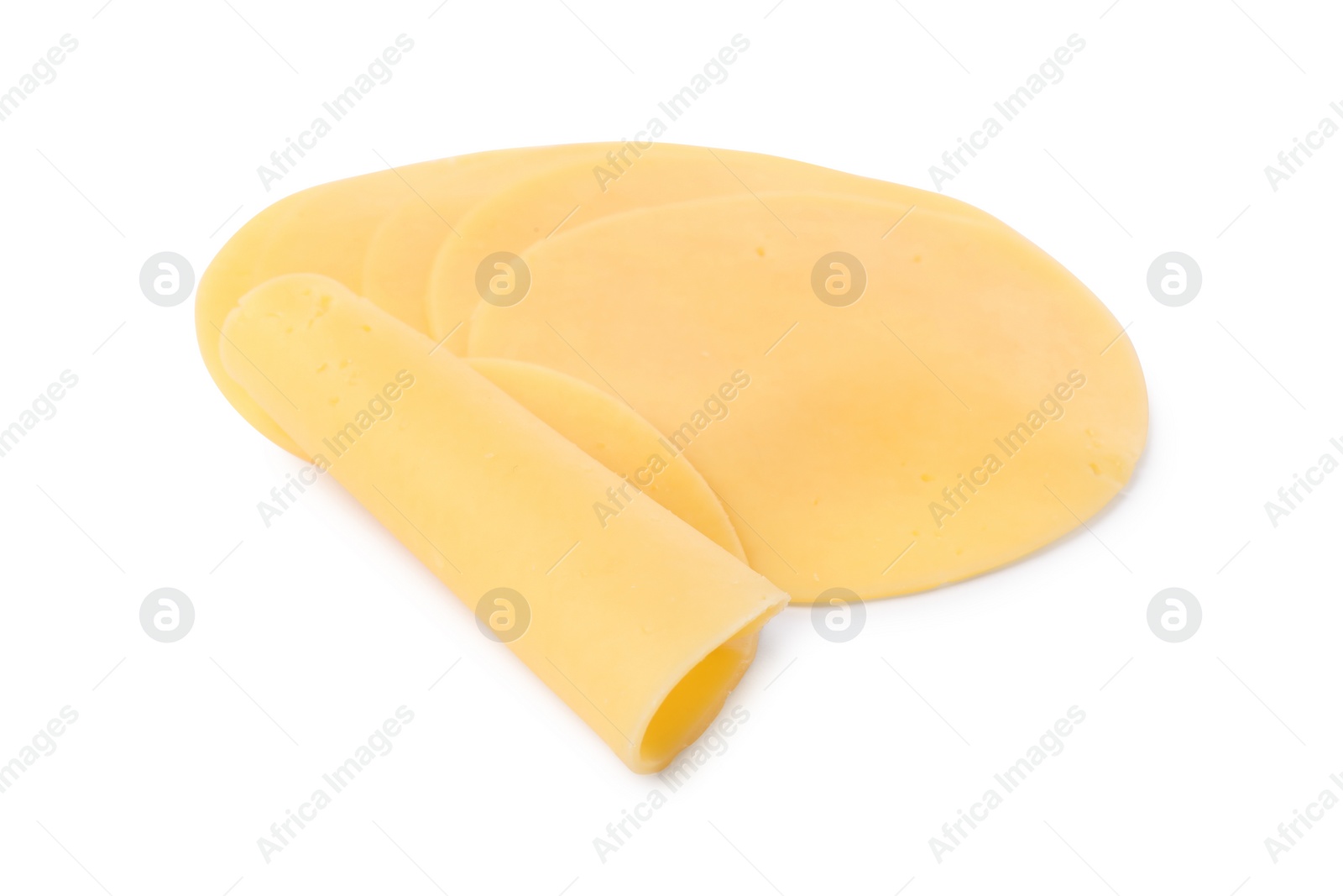 Photo of Slices of tasty fresh cheese isolated on white