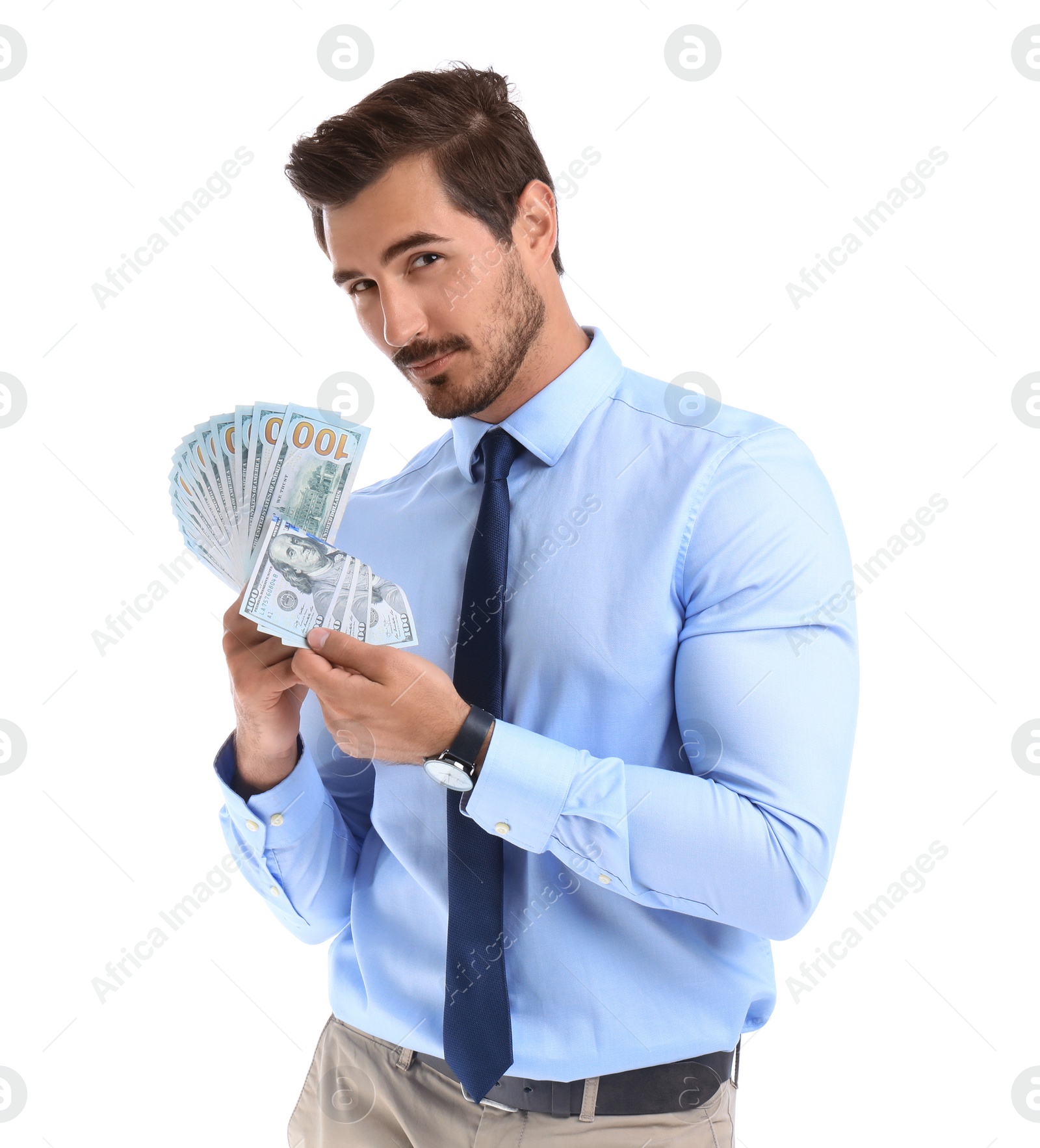 Photo of Handsome businessman with dollars on white background