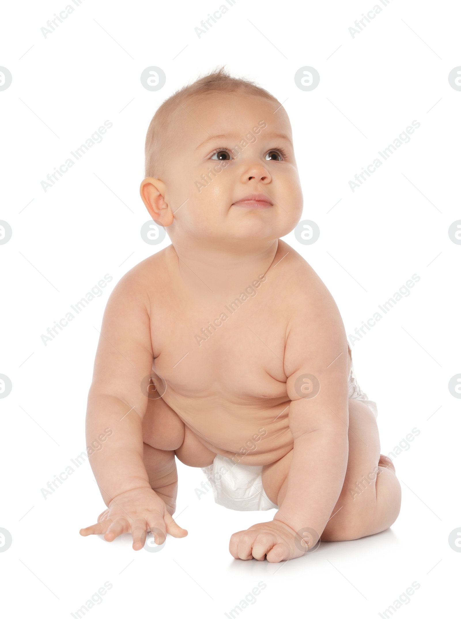 Photo of Cute little baby crawling on white background