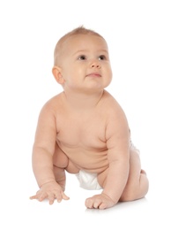 Cute little baby crawling on white background