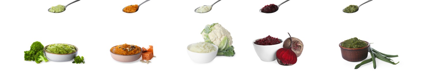 Set with different tasty vegetable puree on white background. Banner design