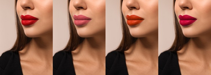 Image of Collage with photos of young woman with different lipsticks on light background, closeup. Banner design