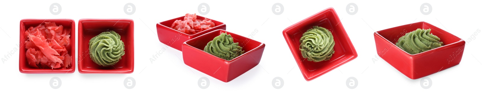 Image of Set with spicy wasabi paste and pickled ginger on white background. Banner design