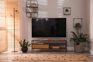 Photo of Stylish living room interior with TV on cabinet and houseplants