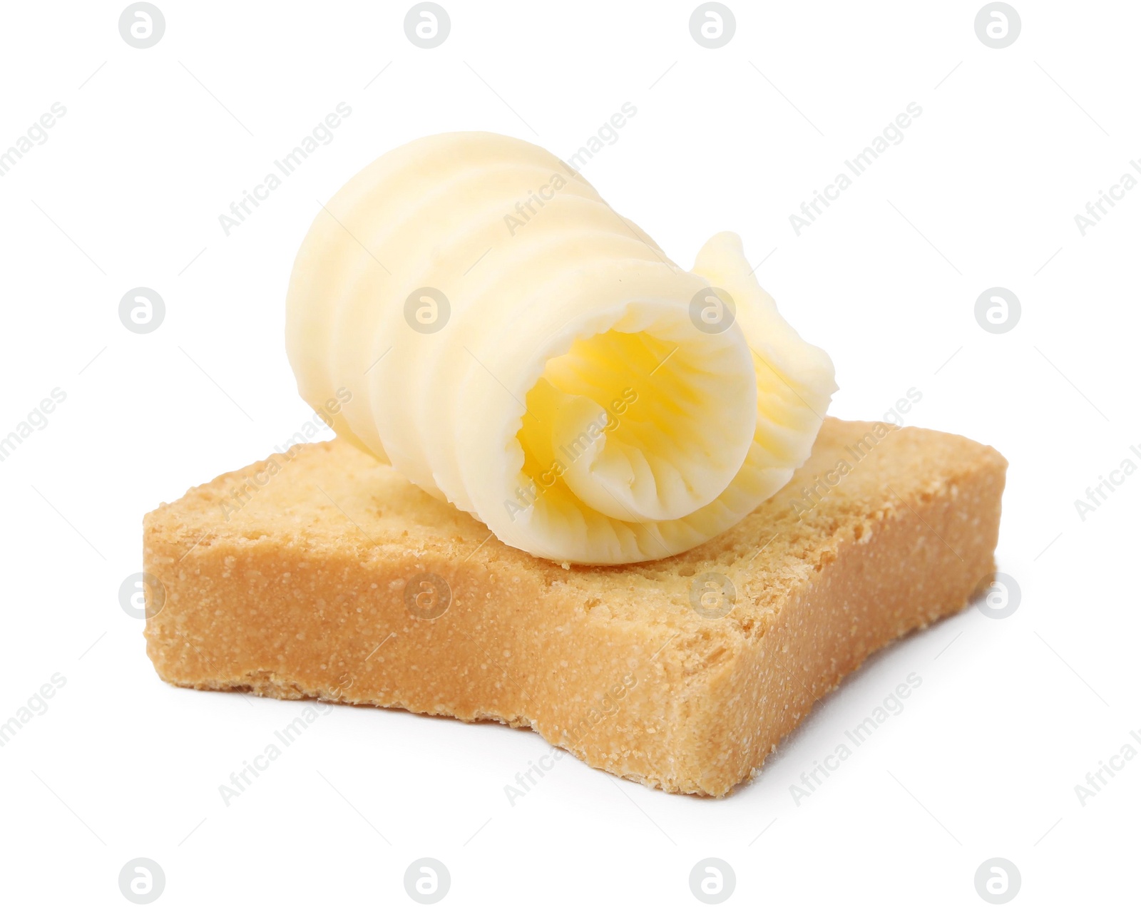 Photo of Tasty butter curl and piece of dry bread isolated on white