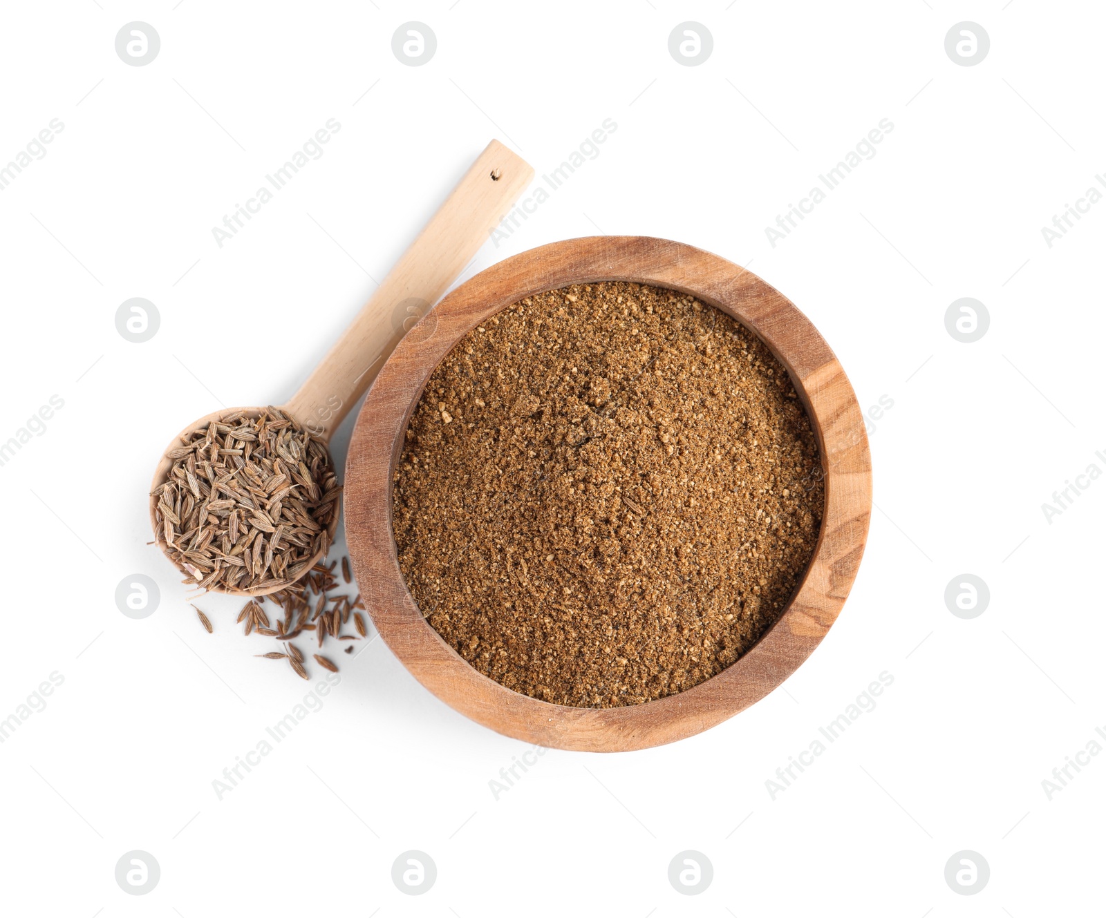 Photo of Bowl of aromatic caraway (Persian cumin) powder and spoon with seeds isolated on white, top view