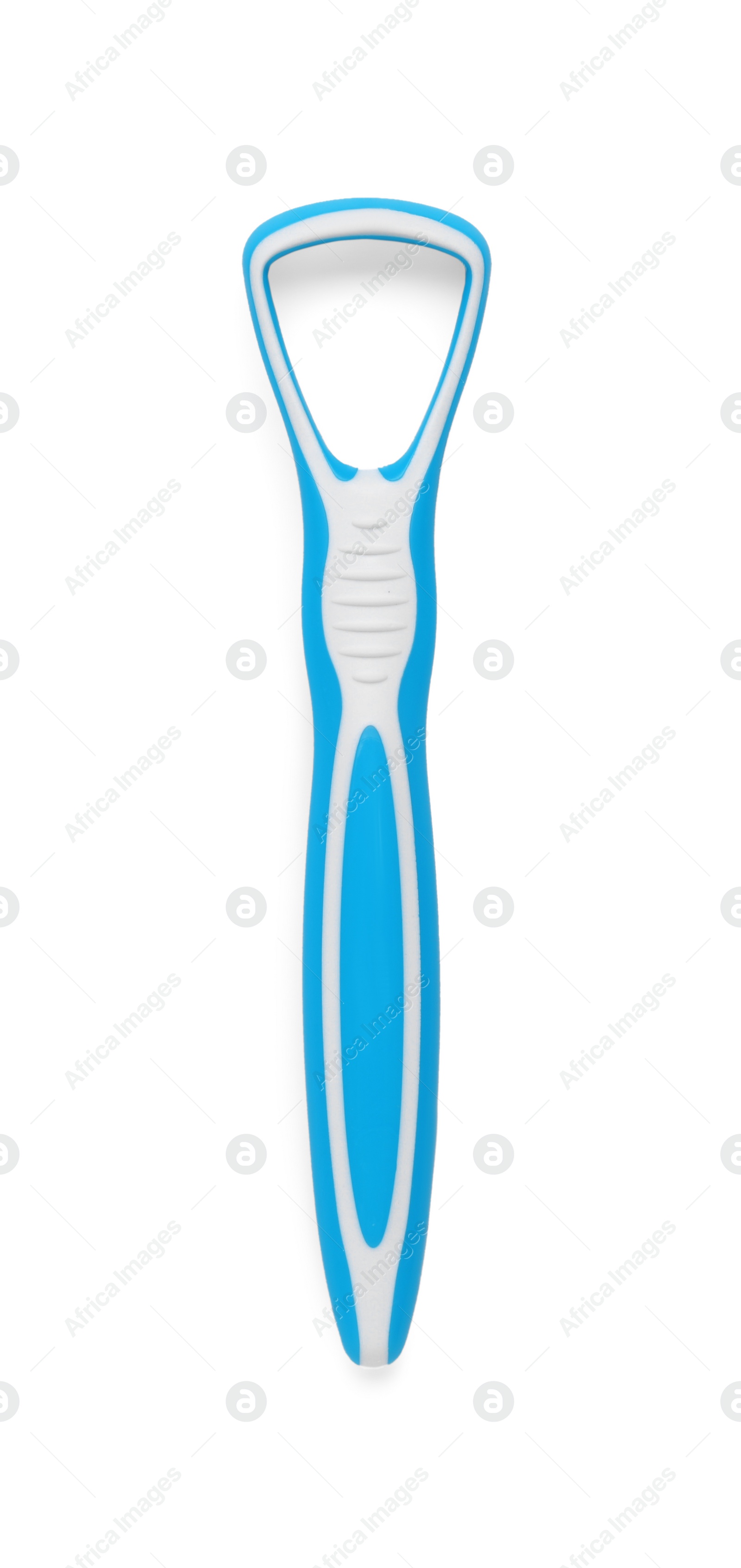 Photo of One light blue tongue cleaner isolated on white, top view. Dental care