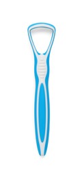 Photo of One light blue tongue cleaner isolated on white, top view. Dental care