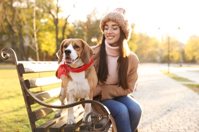 Woman walking her cute Beagle dog in autumn park