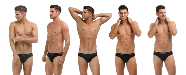 Image of Collage of man in underwear on white background