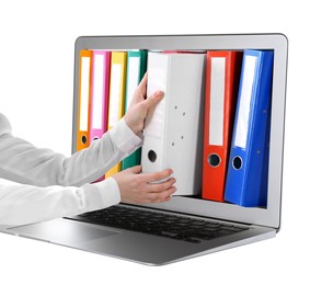 Digital archive. Woman taking folder right from laptop screen, closeup. White background